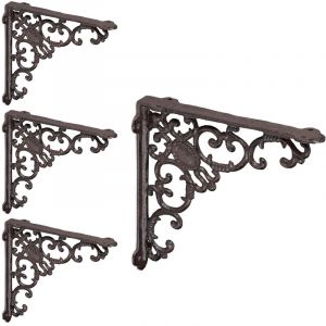 Querre étagère murale, lot de 4, ancien, support en fonte de fer, ornements baroques, brun - Relaxdays