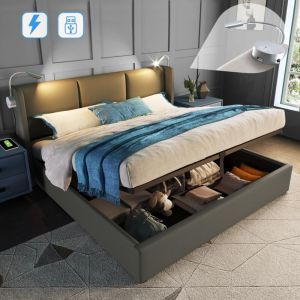 Lit coffre 160x200 cm, avec 2 lampes de lecture, hydraulique, fonction de recharge USB, lit adulte avec t&ecirc;te de lit capitonn&eacute;e en tissu simili-cuir