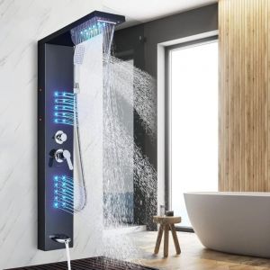 Colonne de douche Noir Système de Panneau de Douche Intégré avec Jets Corporels à LED,5 Modes en Acier Inoxydable,Tour de Douche Multifonctionnel