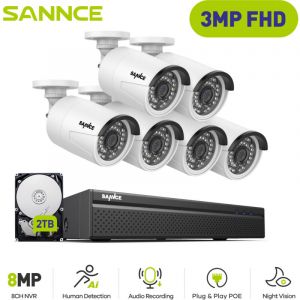 Kit de Vid&eacute;osurveillance Exterieure 3MP 6&times;IP Cam&eacute;ras Smart ir Vision Nocturne,D&eacute;tection Mouvement Kit Cam&eacute;ra de Surveillance Filaire 2TB - Sannce