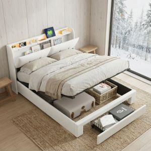 Lit coffre 140x200,1 grand tiroir, lit double capitonn&eacute; avec &Eacute;clairage LED, lit adulte hydraulique, t&ecirc;te de lit avec rangement et 2 USB & 2 prises,