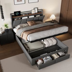 Lit coffre 140x190cm, lit double 140x190 avec tiroirs, t&ecirc;te de lit avec rangement, LED et USB, tissu lin, gris fonc&eacute;