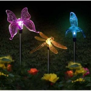 Lot de 3 lampes solaires de jardin en forme de papillon, colibri, libellule, LED &agrave; &eacute;nergie solaire, multicolore