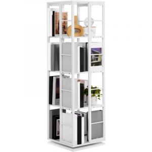 Bibliothèque rotative à 4 niveaux, pivotante à 360°, étagère d'angle carrée, support de rangement pour petits espaces, chambre, bureau, blanc