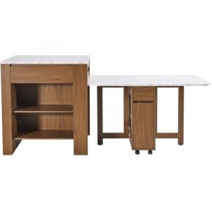 Desserte cuisine extensible 110-124x78x97,5cm - 2 tiroirs, étagères - Prises intégrées - Plateau motif marbre mdf blanc/marron