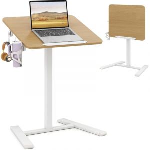 Bureau Mobile Pliable, Table d'Appoint à Roulettes avec Plateau Inclinable à 90°, Hauteur Ajustable avec Crochet et Porte-Gobelet, pour Salon, Naturel