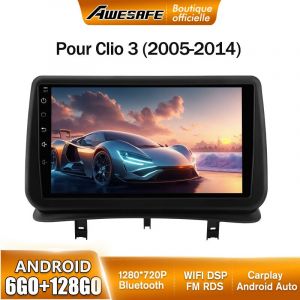 AWESAFE Autoradio Android 13 pour Renault Clio 3 (2005-2014) 6Go+128Go avec 9'' &eacute;cran Tactile Carplay GPS Bluetooth Android Auto