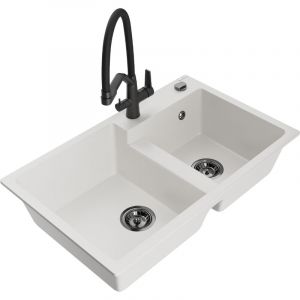 Mexen - Tomas &eacute;vier en granit 2 bacs avec mitigeur Duo, blanc - 6516-20-671701-70-B