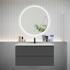 Aica Sanitaire - aica Ensemble meuble vasque L.99cm 2 tiroirs + lavabo + led miroir rond 90cm anthracite easy