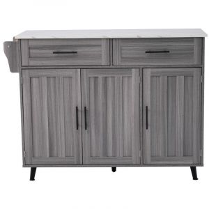 Desserte cuisine îlot extensible 129x46cm Plateau à motif marbre blanc & bois gris - Porte rangement + roues - Pieds modulables