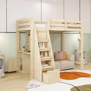 Lit mezzanine 90x200cm, lit enfant avec table sous lit, meuble de rangement, lit simple escalier ouvert rangement, sans matelas, naturelle