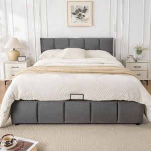 Lit coffre 140x200cm lit double adulte, lit avec 3 tiroirs et tête de lit réglable, en velours, gris, sans matelas