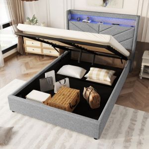 Lit coffre 140x190 cm lit double rembourré, lit adulte avec éclairage led, prise usb et système stéréo, tissu en lin gris, sans matelas