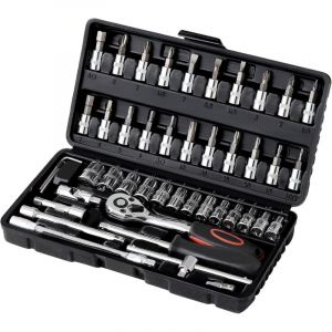 APEX Cl&eacute; Plate &agrave; Cliquet et &agrave; Douille 46 Pcs Cr-V - 1/4" 72 Dents Avec Bo&icirc;te &agrave; Outils - Outillage M&eacute;canique Auto Chrom&eacute; et Poli Miroir