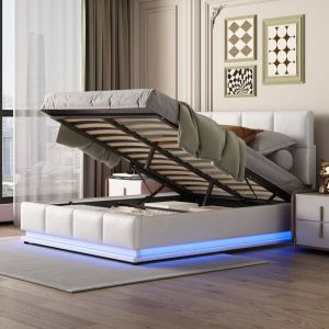 Lit coffre 140x190 cm - Lit doub led capitonné relevable hydraulique avec sommier à lattes, tête de lit, simili cuir pu - Blanc