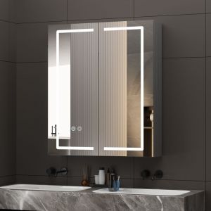 Armoire de Toilette LED 60x70 cm [Livr&eacute;e D&eacute;j&agrave; Mont&eacute;e] - Prise et USB Int&eacute;gr&eacute;s - Miroir Gris avec Anti-bu&eacute;e - 120 LEDs/m - Sans Assemblage - AquaWise