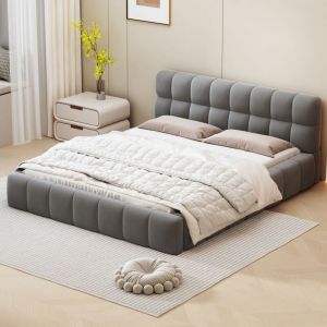 lit 140x200,lit double,lit adulte,lit au sol,lit capitonn&eacute; avec sommier &agrave; lattes,lin, Gris,Matelas non inclus