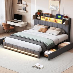 Blanketswarm - Lit adulte 140x190cm avec 4 tiroirs, Lit coffre avec rangement, Lit double, Tête de lit avec rangement, Lit capitonné avec led