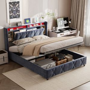 Lit coffre 160x200, lit adulte 160x200, lit double, tête de lit avec rangement, lit capitonné avec led réglable, lit rembourré avec chargement usb,