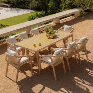 Set de table rectangulaire 200x100 cm aspect carreaux et 8 chaises de jardin en bois d'acacia et ciment Dubai SKLUM Jaune Laiton