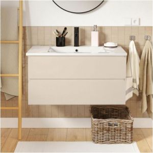 Ensemble meuble simple vasque 80cm avec plan c&eacute;ramique et robinet noir