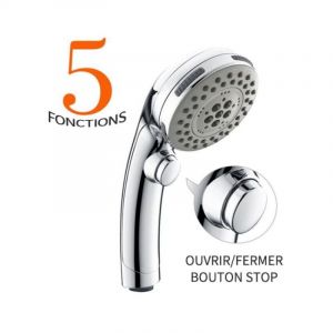 Pommeau de Douche Chrom&eacute; avec Bouton Stop Douchette &agrave; Main 5 Jets au Choix Pomme de Douche Picots Anticalaire Type Universel