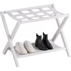 Porte-bagages, support de valise pliable avec &eacute;tag&egrave;re de rangement en tissu, porte-bagages en bambou avec 5 sangles en nylon pour chambre d'amis,