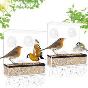 Mangeoire à Oiseaux pour Fenêtres, 2 Pcs Acrylique Mangeoire Oiseaux Extérieur Fenêtre avec 6 Ventouses, Transparent avec Bac à Amovible Mangeoire à