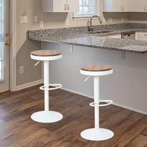 Hofuton Tabouret de Bar en Bois et Cadre M&eacute;tallique Tabouret Cuisine &agrave; Hauteur R&eacute;glable Chaise de Bar Vintage Lot de 2 Blanc Ch&ecirc;ne