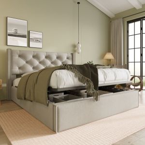Wishdor - Lit coffre 140x200 cm Lit coffre capitonné avec tête de lit capitonné et sommier à lattes en métal, en coton, gris clair, sans matelas