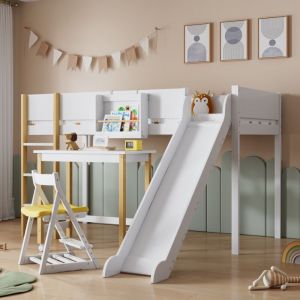 Lit mezzanine 90x200cm, avec échelle 3 marches, avec toboggan et table, étagères amovibles, pin+MDF, sommier à lattes, adapté aux adultes et