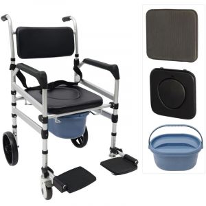 Chaise de douche pliable &agrave; roulettes, en alliage d'aluminium, hauteur r&eacute;glable, avec pot, pour personnes &acirc;g&eacute;es aux personnes &agrave; mobilit&eacute; r&eacute;duite