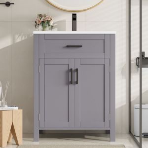 Tanant - Meuble simple vasque, Meuble de salle de bain avec tiroirs et portes de rangement, étagère réglable, vasque en céramique intégrée, 60 x 46 x
