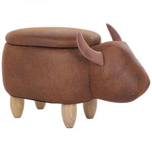 Petit Tabouret Pouf pour Enfant 35 cm de Hauteur en Forme de Vache Effet Cuir Marron avec Coffre de Rangement et Pieds en Bois Beliani