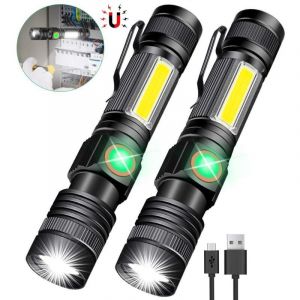 Torche Lampe de Poche LED USB Rechargeable (Pile Rechargeable incluse & Magn&eacute;tique au Bas)Puissante Militaire Lampe COB Portable Zoomable Torche