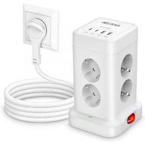 Multiprise avec 4 ports USB, multiprise 8 prises, fiche plate, protection contre les surtensions, cube multiprise, multiprise avec interrupteur, tour