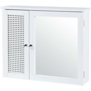 Armoire étagère meuble de rangement 50 x 60 x 15 cm murale de salle de bain avec miroir MDF PVC effet rotin blanc