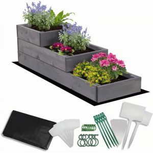 MODO24 Carr&eacute; potager sur&eacute;lev&eacute; en bois, 3 niveaux en cascade, 27x30x93 cm, jardin/terrasse, kit jardinier inclus, gris impr&eacute;gn&eacute;