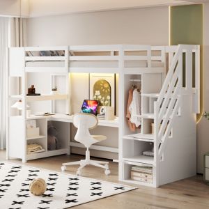 Lit mezzanine 90x200 cm - avec armoire - avec grand bureau - avec rangements - avec escalier - avec prises &eacute;lectriques - avec &eacute;clairage LED - blanc