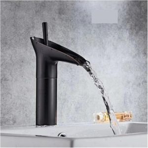 Cyslmuk - Robinet de lavabo de salle de bain, mitigeur cascade, mitigeur d'&eacute;vier r&eacute;glable eau chaude et froide, laiton chrom&eacute;, noir