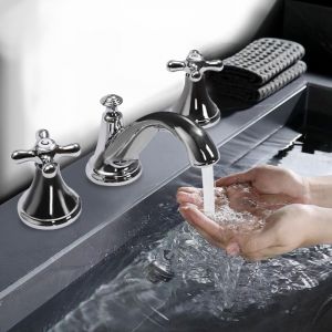 Mitigeur lavabo 3 trous, robinet de baignoire, mitigeur, mitigeur lavabo, finition dor&eacute;e polie, robinet lavabo &agrave; 2 poign&eacute;es, argent&eacute;