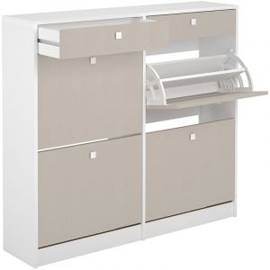 Meuble &agrave; chaussures, commode &agrave; chaussures avec 2 tiroirs et 4 abattants coloris Ch&ecirc;ne Albar/ blanc - Hauteur 104,3 x Longueur 116 x profondeur 27 cm