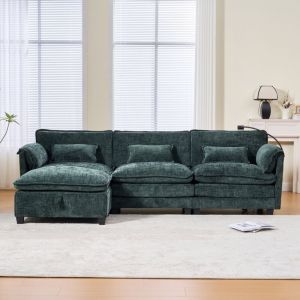 Canap&eacute; 3 places en chenille , mousse + Memory Foam, USB int&eacute;gr&eacute;, pochette & pouf rangement, Vert