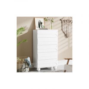 Commode à 5 tiroirs, commode blanche avec motif en relief incurvé, pieds en métal laqué mat, coins arrondis, pour chambre, salon, couloir