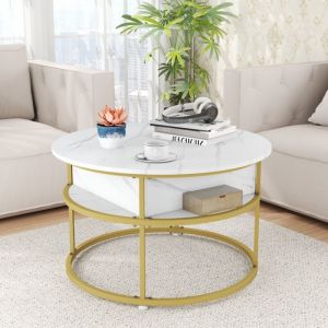 Table Basse &agrave; Plateau Relevable Table d'Appoint Ronde de 80 cm avec Compartiment Cach&eacute; et &Eacute;tag&egrave;res Lat&eacute;rales Blanc