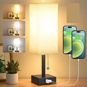 Lampe de chevet--Lampe de Chevet à Intensité Variable 3 Couleur (3000/4000/5000K) avec Ports de Charge USB-A+C Ampoule LED Interrupteur à Chaînette