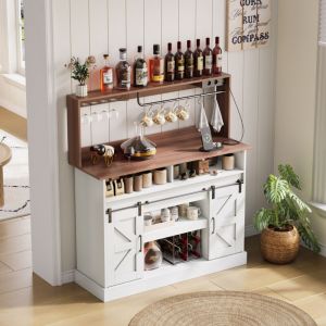 MODFU - Buffet bar 120 x 40 x 130 cm, bar &agrave; caf&eacute; avec 2 prises secteur + 2 USB, &eacute;tag&egrave;res et portes coulissantes, MDF, blanc/naturel