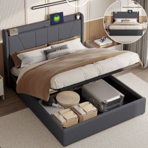 Lit coffre capitonn&eacute; 160x200 en lin naturel gris - M&eacute;canisme hydraulique anti-poussi&egrave;re - T&ecirc;te de lit avec 2 usb + Type-C - Adulte & Adolescent