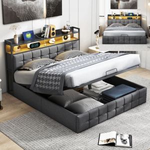 lit coffre 140x190,lit 140x190,avec sommier &agrave; lattes, t&ecirc;te de lit avec rangement, lumi&egrave;res LED,tissu en lin,gris