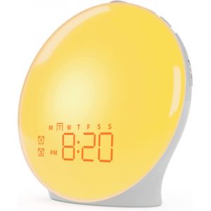 Eveil Lumière LED Radio Réveil Matin Lumineux Lampe de Chevet 20 Niveaux de Luminosité Simulateur d'Aube et Crépuscule 2 Réveils 7 Sons Naturels